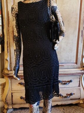 Caché Black Beaded Sleeveless Shift Dress